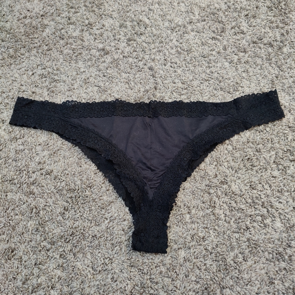 Aerie Lace Trim Black Wide Triangle Thong